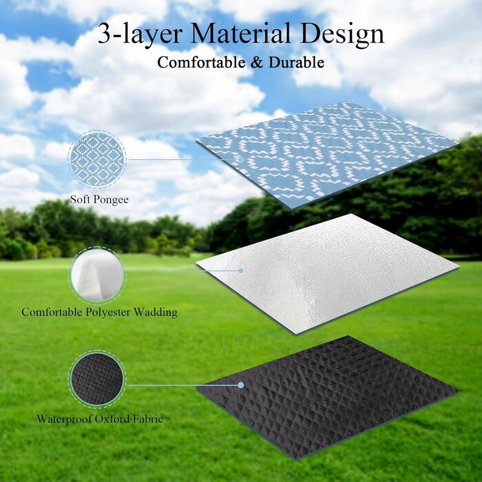 Couverture de pique-nique imperméable 200x200cm, tapis de plage/camping pliable et portable, noir et blanc