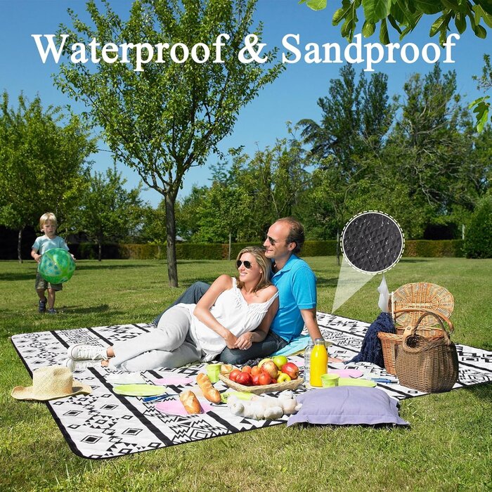 Couverture Pique-nique Imperméable 200x200cm Pliable Noir & Blanc, jusqu'à -30%