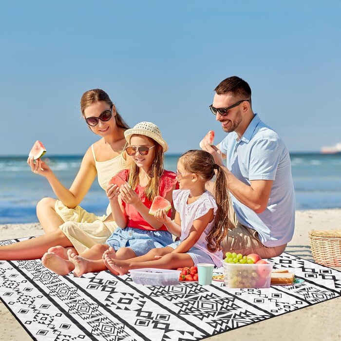 Couverture de pique-nique imperméable 200x200cm, tapis de plage/camping pliable et portable, noir et blanc
