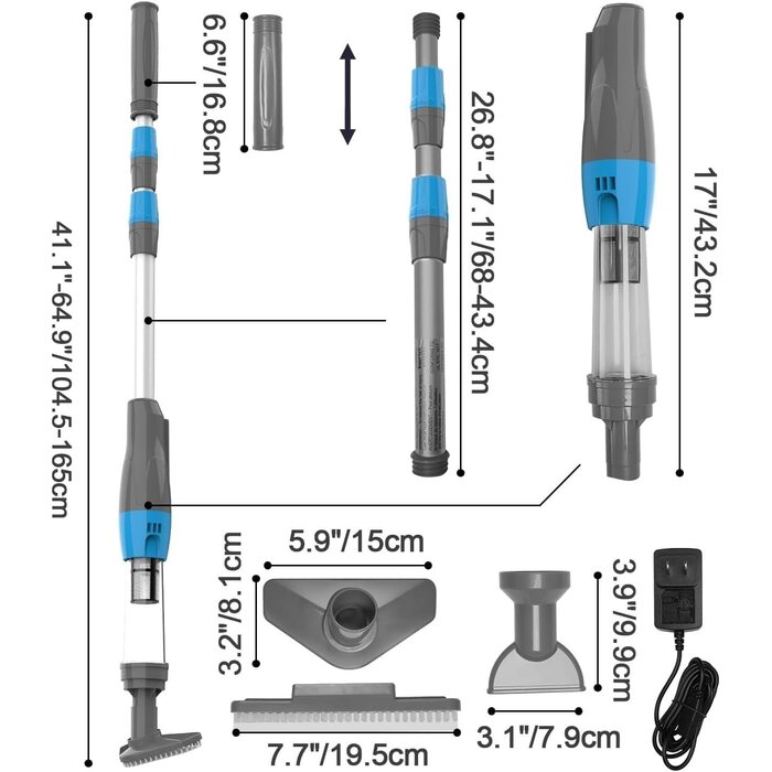 Aspirateur de piscine sans fil, Nettoyeur de piscine sans fil 3-en-1, avec manche télescopique, manuel pour piscines et spas, autonomie 90 min, Gris