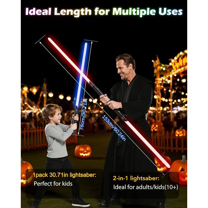 Lot de 2 Sabres Laser RGB avec Manche Aluminium, 4 Sons & Effets Lumineux - Transformable en Sabre Double