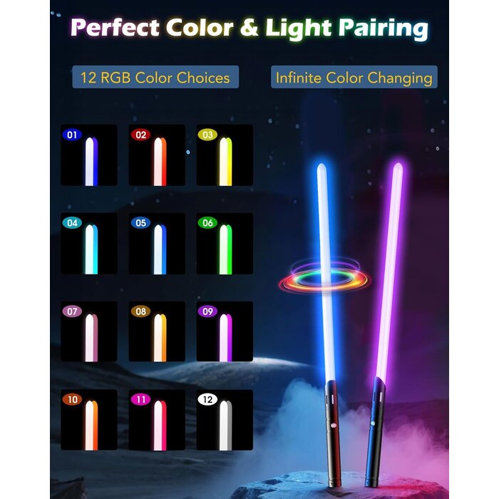Lot 2 Sabres Laser RGB Aluminium, 4 Sons, Double Transformable - Jusqu'à -30%
