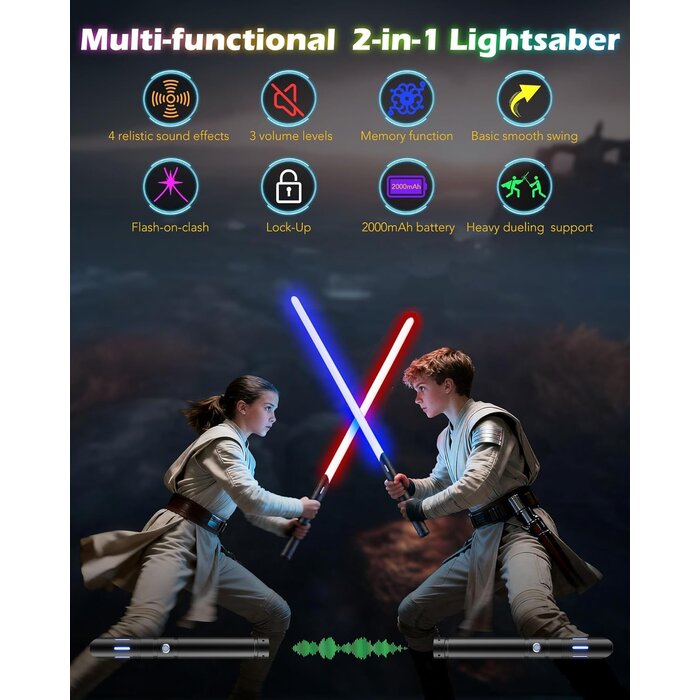 Lot de 2 Sabres Laser RGB avec Manche Aluminium, 4 Sons & Effets Lumineux - Transformable en Sabre Double