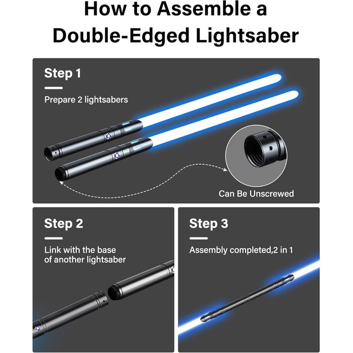 Lot de 2 Sabres Laser RGB avec Manche Aluminium, 4 Sons & Effets Lumineux - Transformable en Sabre Double