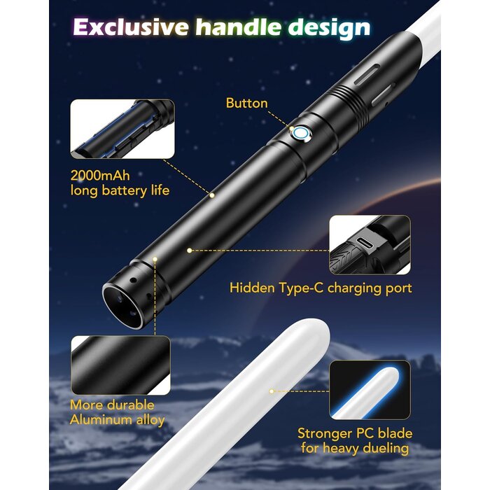 Lot de 2 Sabres Laser RGB avec Manche Aluminium, 4 Sons & Effets Lumineux - Transformable en Sabre Double