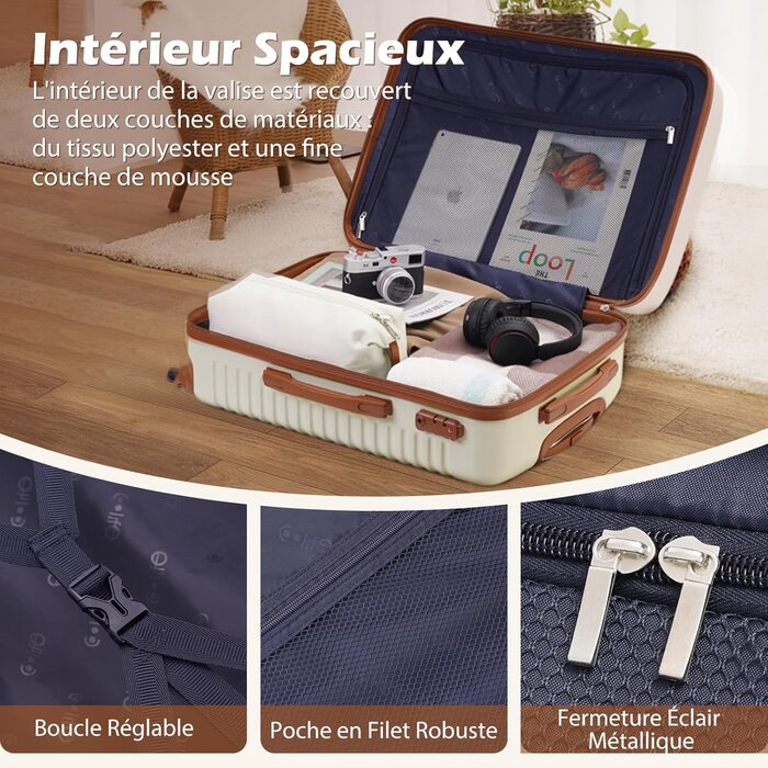 Ensemble de 3 valises cabine rigides en ABS, 4 roues, serrure TSA, 1 sac à dos & 1 trousse de toilette, Gris/Rose, Taille Moyenne