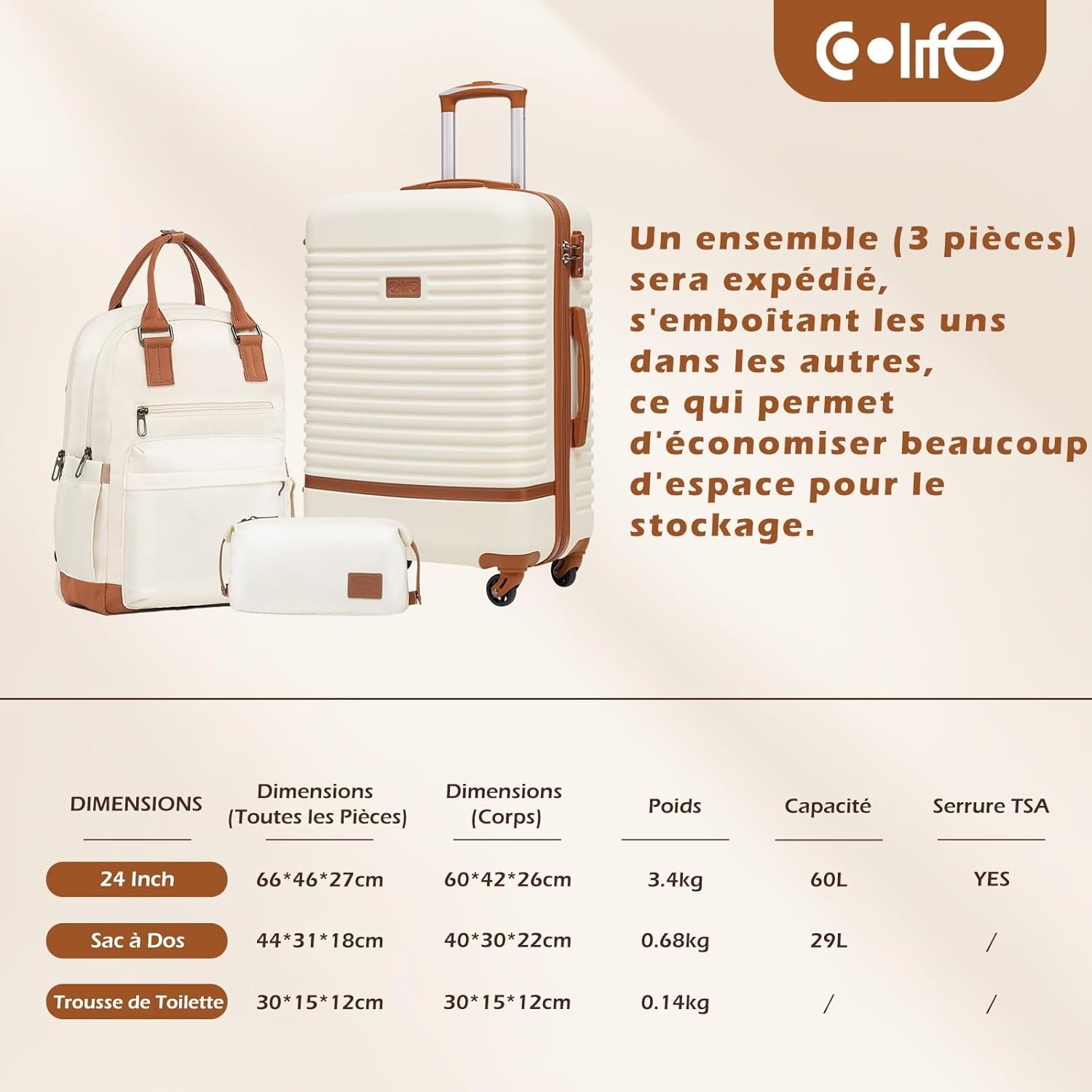 Ensemble Voyage 3 Pcs ABS Gris/Rose - Valise, Sac, Trousse - Jusqu'à -30%