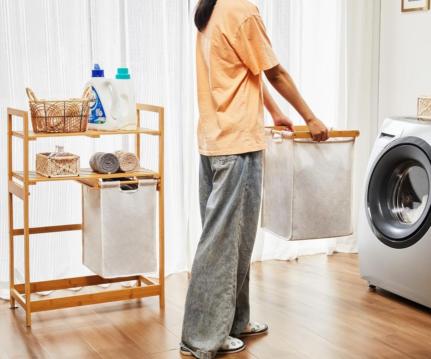 Meuble à linge bambou 2 étagères & 2 sacs amovibles - Jusqu'à -35% !