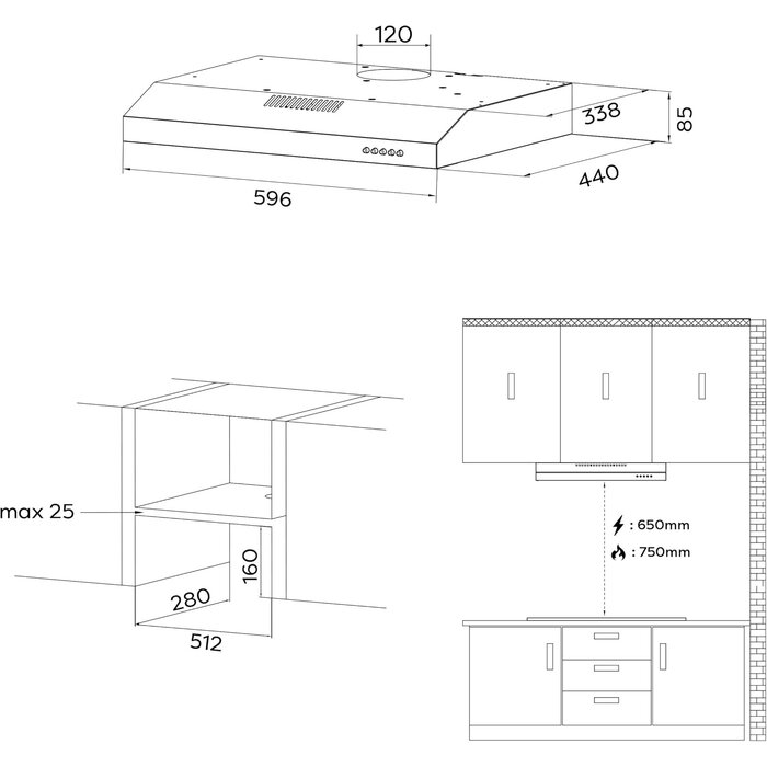 Hotte de cuisine sous-meuble 60 cm noire - Évacuation/Recirculation | Jusqu'à -35%
