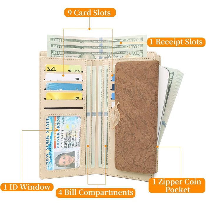 Grand portefeuille en cuir femme, porte-cartes & zip - Jusqu'à 35% de réduction !