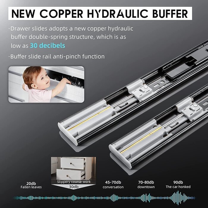 Glissières de tiroir noires 350mm à fermeture douce, extension totale - Jusqu'à 35% !