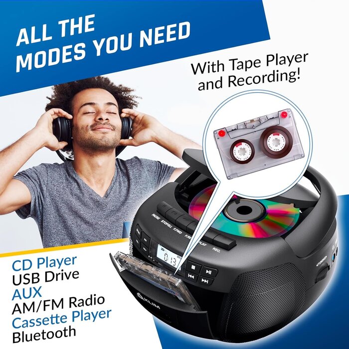 Boombox Bluetooth Lecteur CD/Cassette AM/FM, USB, AUX - Jusqu'à 35% de réduction !