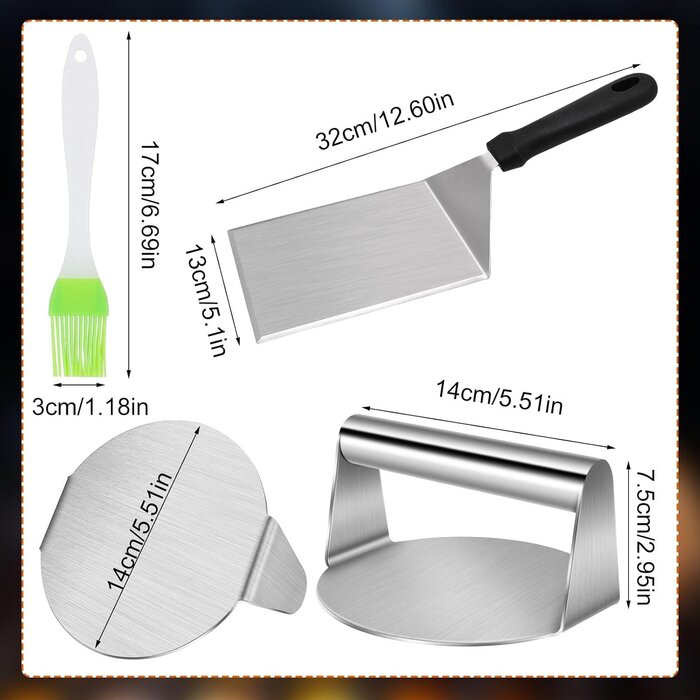 Kit Smash Burgers 3 pièces inox avec spatule et presse de 13,8 cm - Jusqu'à -35% !