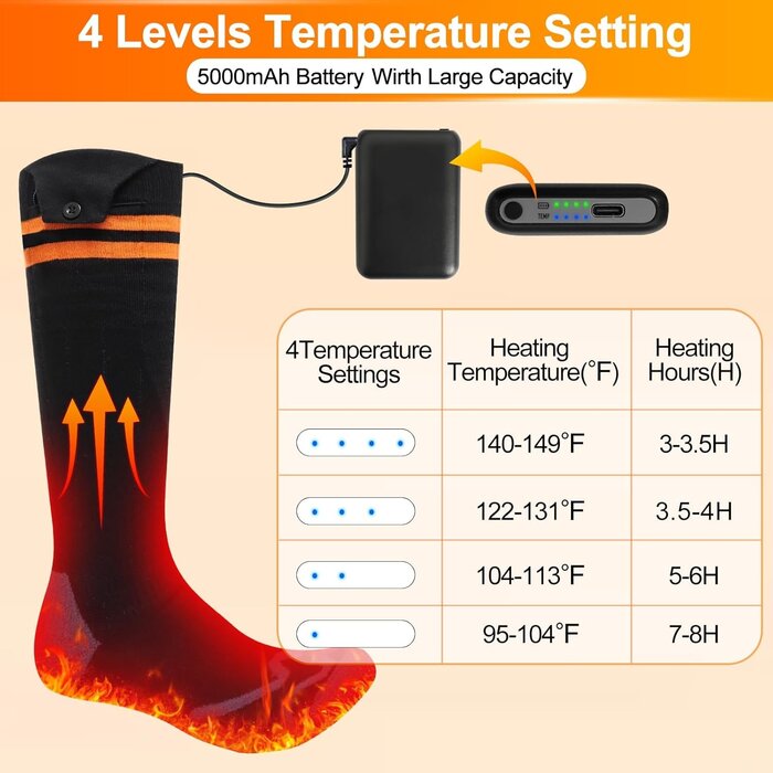Chaussettes Chauffantes 5000mAh - 4 Niveaux de Chaleur | Jusqu'à -35% !