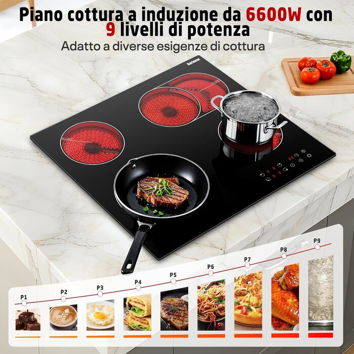 Table vitrocéramique encastrable 4 zones, 6600W, sécurité enfants | Jusqu'à -35%