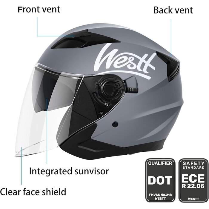 Casque Jet Moto Gris ECE 22.06 - Visière & Lunettes Intégrées - Jusqu'à -35%