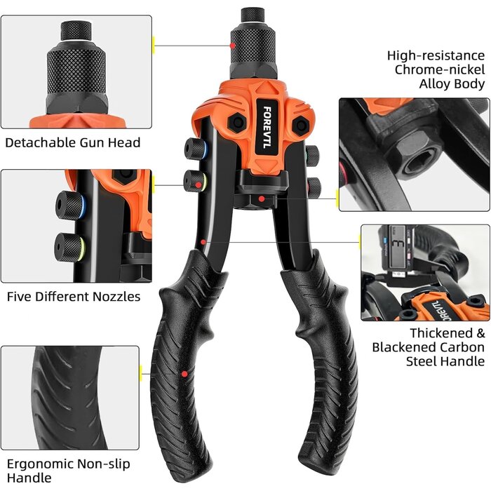 Pince à riveter pro double bras 5 embouts, 200 rivets - Jusqu'à -35% !