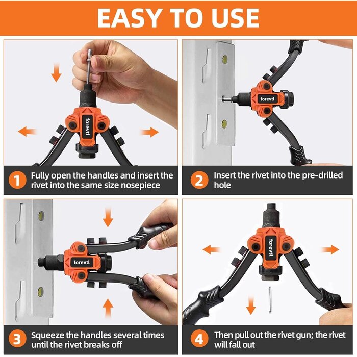 Pince à riveter pro double bras 5 embouts, 200 rivets - Jusqu'à -35% !