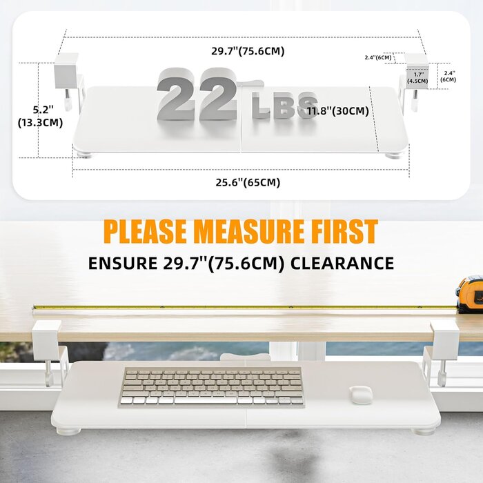 Plateau de clavier sous bureau 65x30cm, extensible, pince C | Jusqu'à -35%