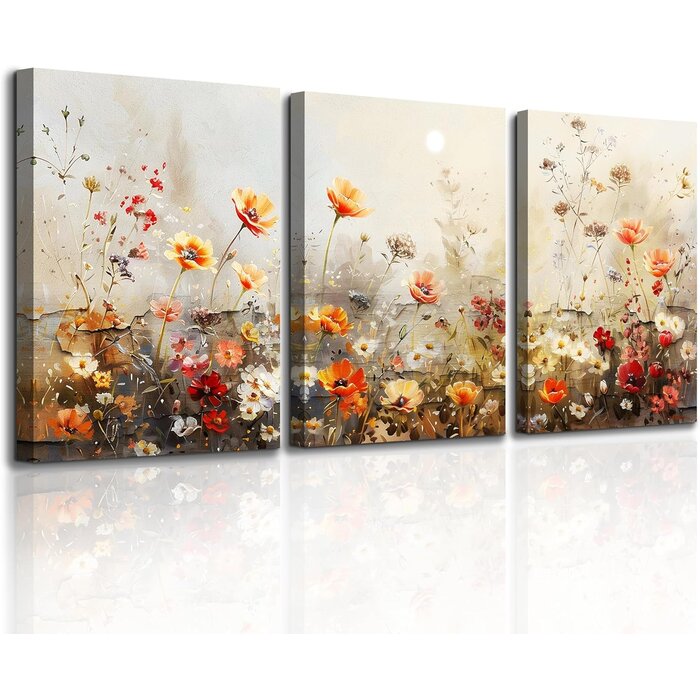 Ensemble 3 Toiles Murales Modernes - Fleurs Rouges - Jusqu'à 35% de réduction !
