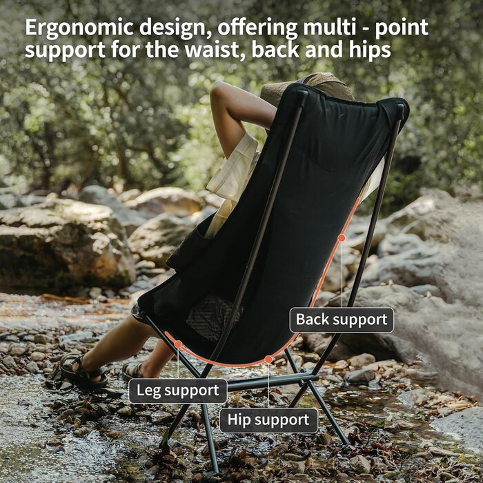Chaise de camping pliante ultralégère et portable noire - Jusqu'à -35% !