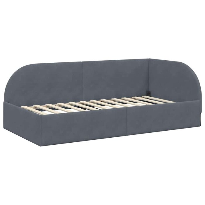 Lit d'angle velours gris, tête de lit intégrée, simple large - jusqu'à 35% de réduction