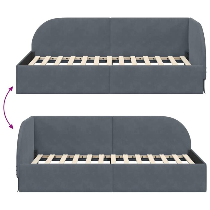 Lit d'angle velours gris, tête de lit intégrée, simple large - jusqu'à 35% de réduction