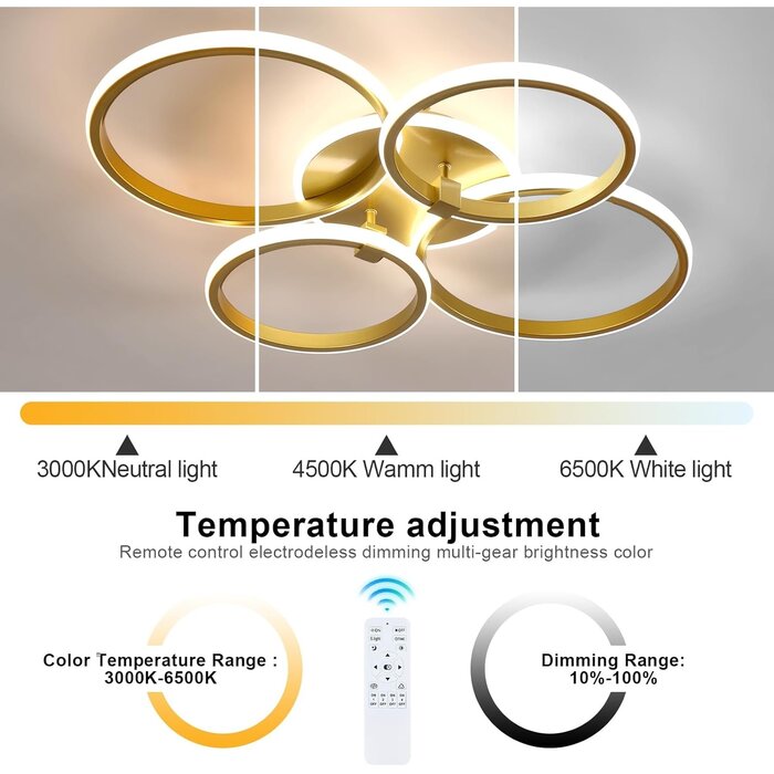 Plafonnier LED Dimmable Doré Cercles Pivotants - Jusqu'à 35% de réduction !