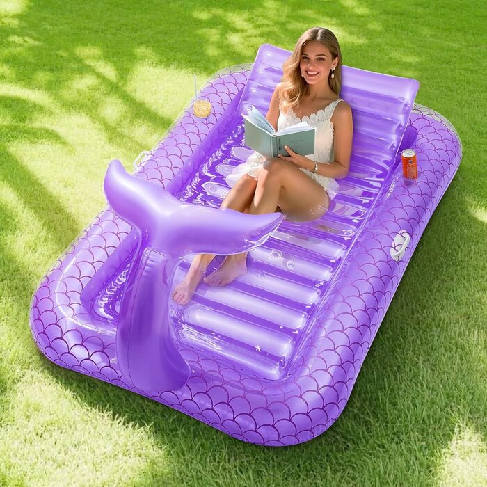 Chaise longue gonflable piscine & bar à glace, motif feuille bleue, jusqu'à 35% de réduction