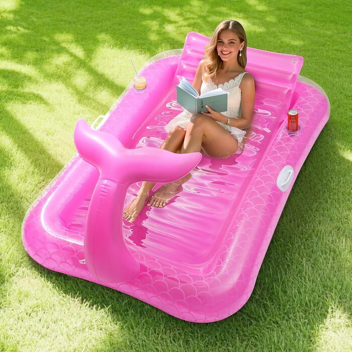 Chaise longue gonflable piscine & bar à glace, motif feuille bleue, jusqu'à 35% de réduction