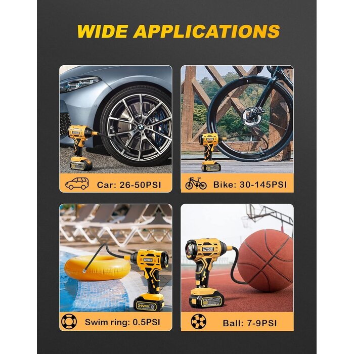 Compresseur d'air portable sans fil 180 PSI, pompe à pneu, jaune - Jusqu'à -35%