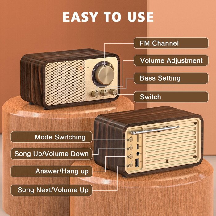 Radio Bluetooth Rétro Aspect Bois - Son 5W - Jusqu'à 35% de remise