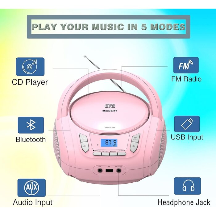 Boombox Portable Rose avec CD, Bluetooth et Radio FM - Jusqu'à -35%