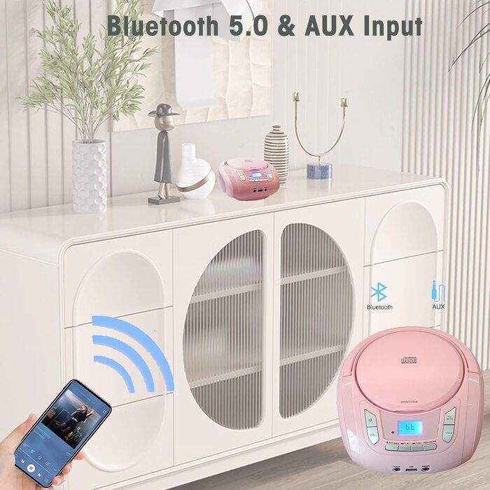 Boombox Portable Rose avec CD, Bluetooth et Radio FM - Jusqu'à -35%