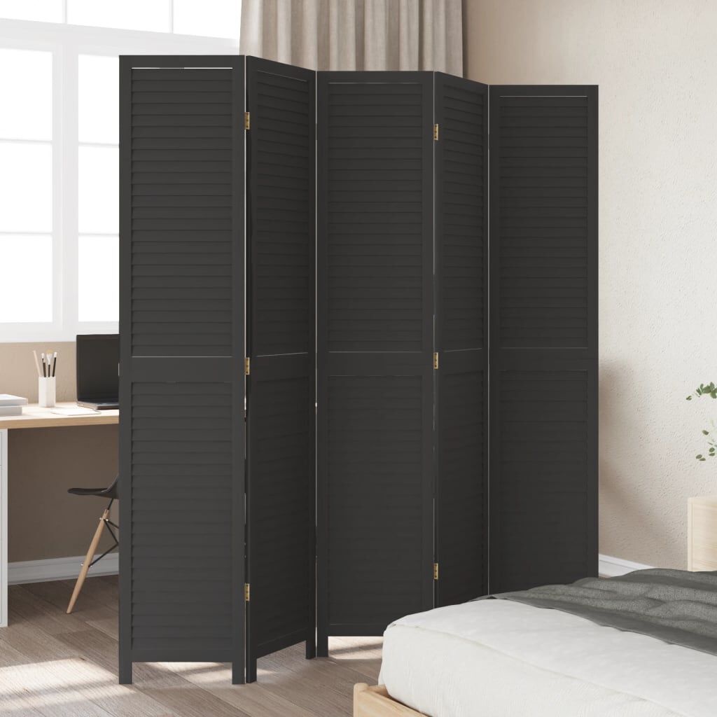 Paravent 5 panneaux en bois massif noir - Jusqu'à -78% en Outlet