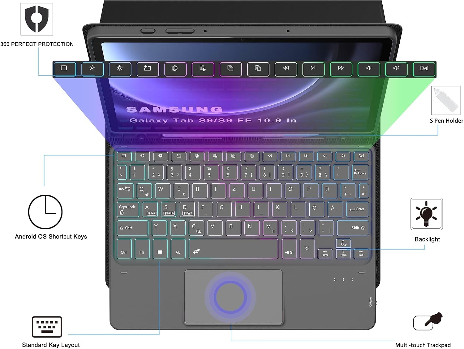 Roofei Étui-clavier pour Samsung Tab S9/S9 FE - QWERTZ - Jusqu'à -60% sur l'Outlet