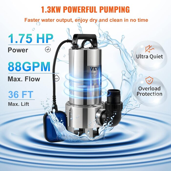 Pompe submersible eaux chargées 1300W - Inox - Jusqu'à 47% de réduction