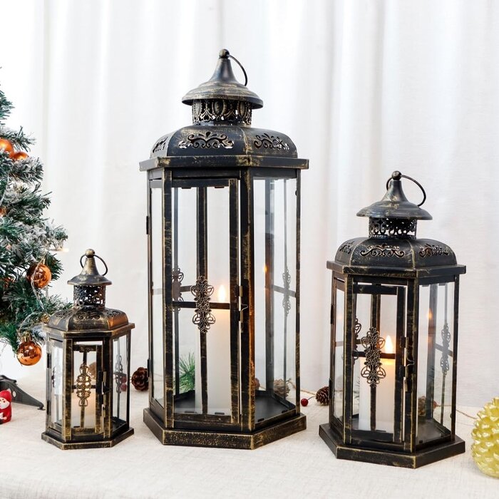 Lot de 3 lanternes décoratives vintage - Noir et doré - Jusqu'à -42%