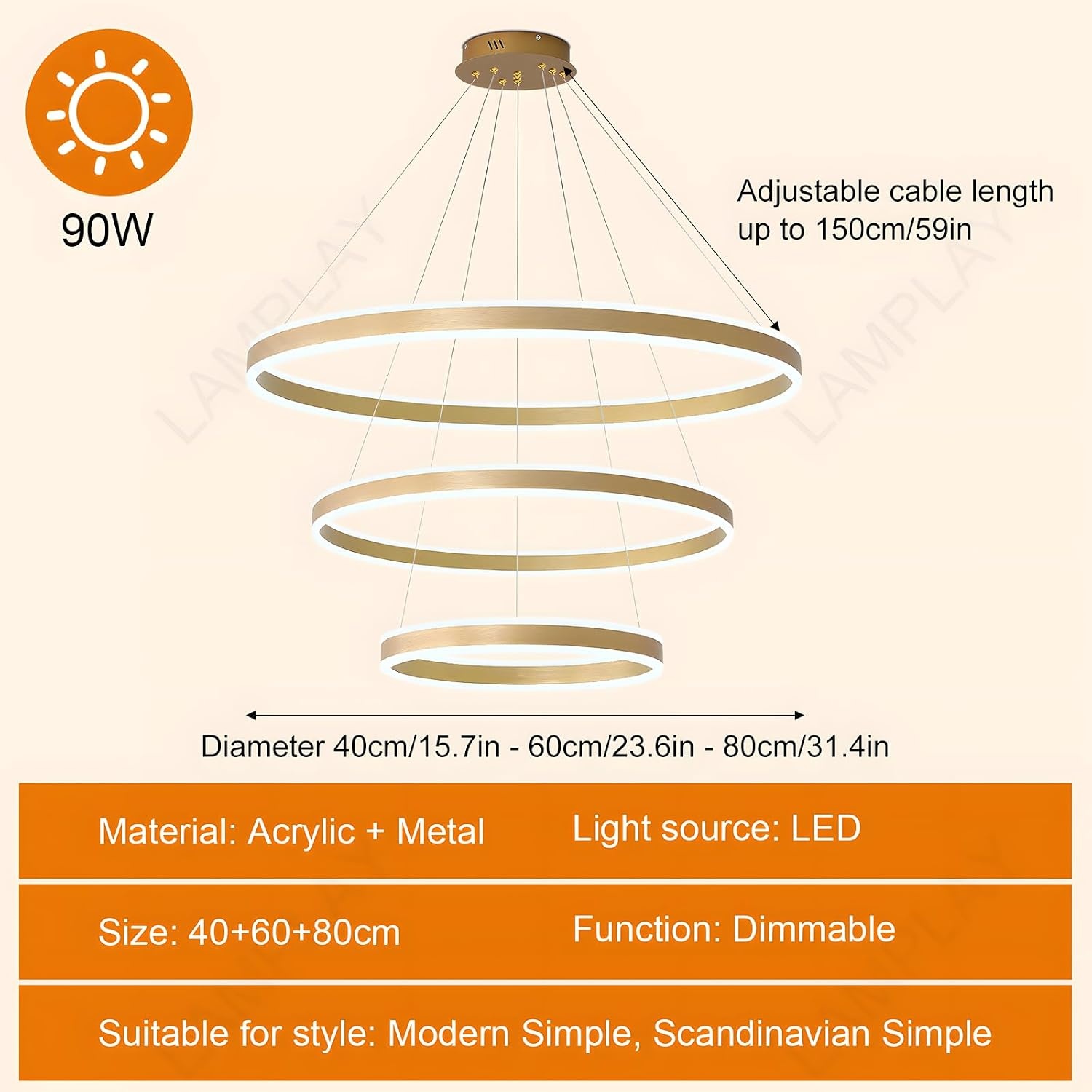Lustre LED 3 anneaux dorés - Dimmable - Jusqu'à -47% sur l'outlet