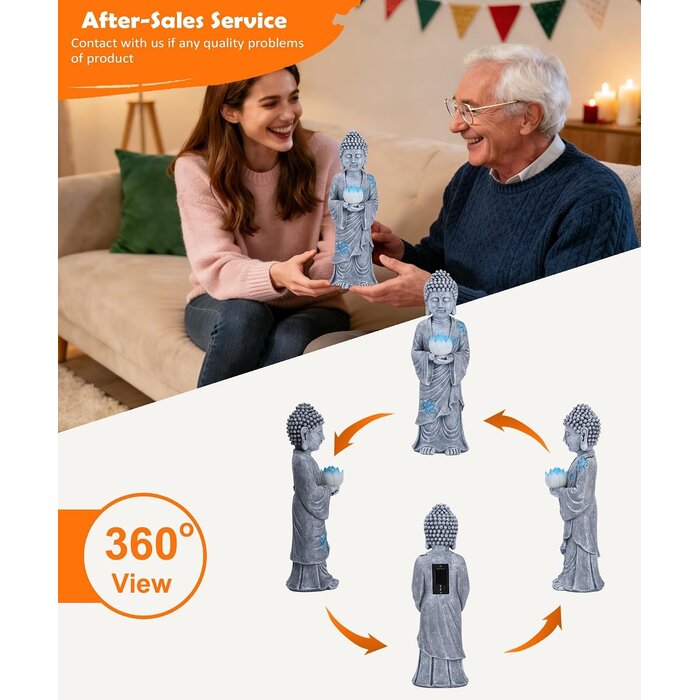 Statue de Bouddha solaire avec lotus LED - Gris 37 cm - Jusqu'à 35% de remise