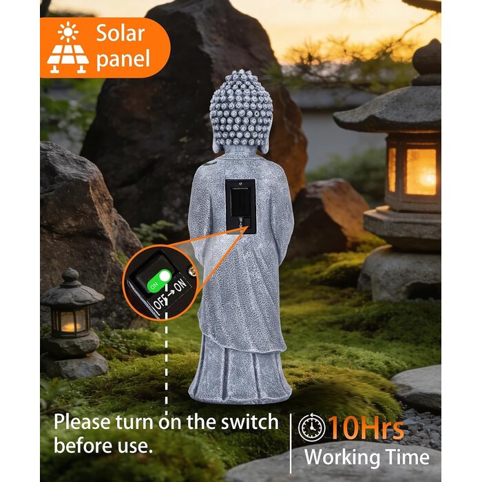 Statue de Bouddha solaire avec lotus LED - Gris 37 cm - Jusqu'à 35% de remise