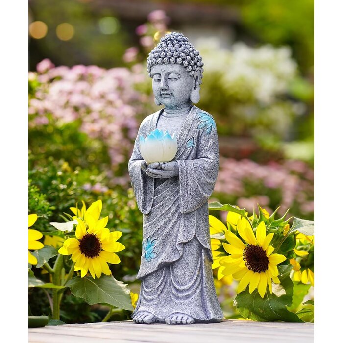 Statue de Bouddha solaire avec lotus LED - Gris 37 cm - Jusqu'à 35% de remise