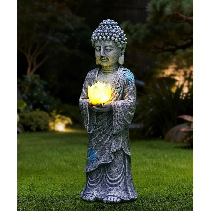 Statue de Bouddha solaire avec lotus LED - Gris 37 cm - Jusqu'à 35% de remise