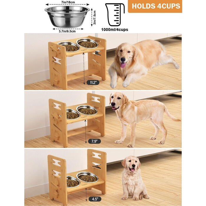 Gamelle surélevée réglable pour chien - Bambou & Inox - Jusqu'à -33%