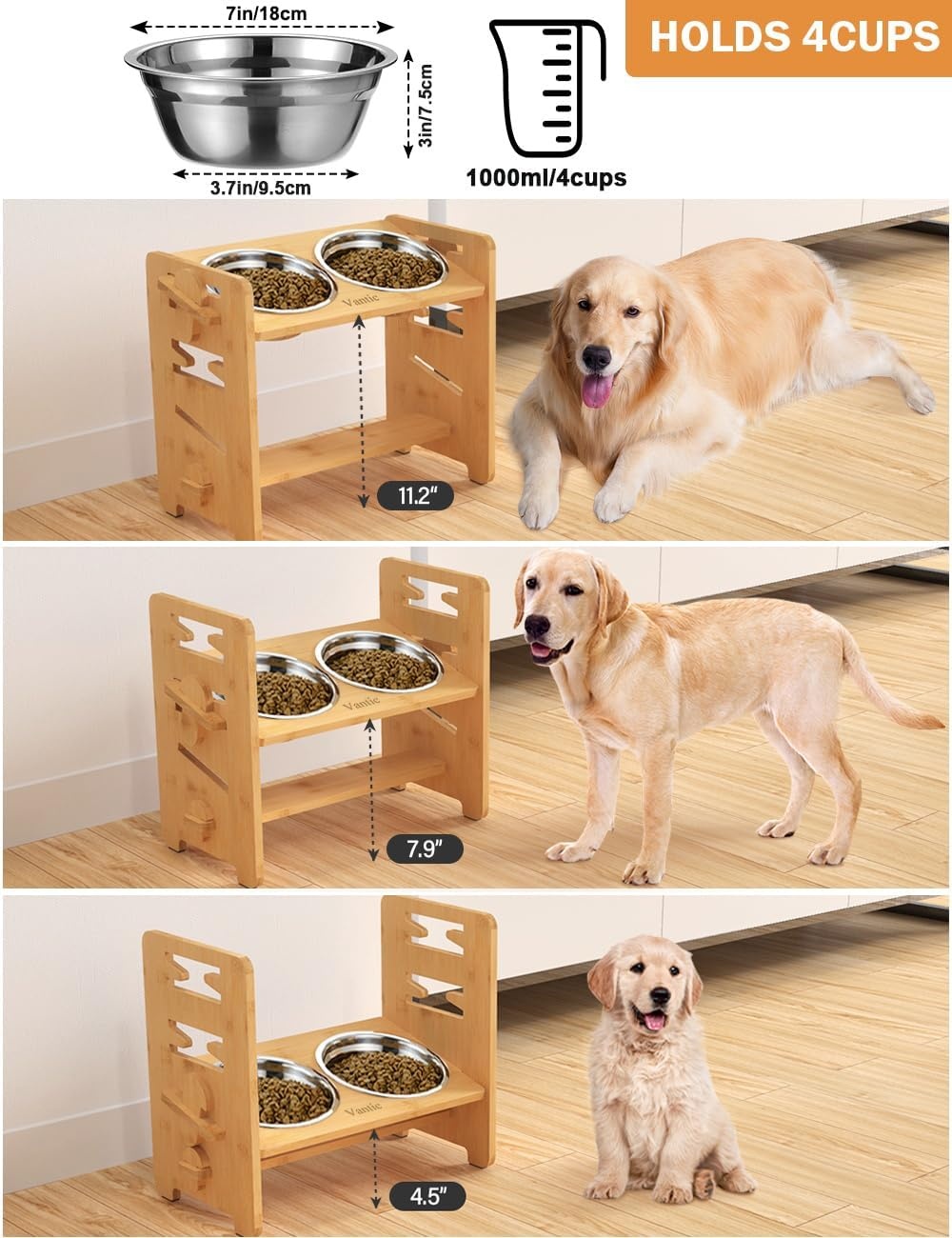 Gamelle surélevée réglable pour chien - Bambou & Inox - Jusqu'à -33%