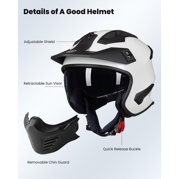 Casque Moto Jet Vintage Blanc Mentonnière Amovible - Jusqu'à 63% de remise