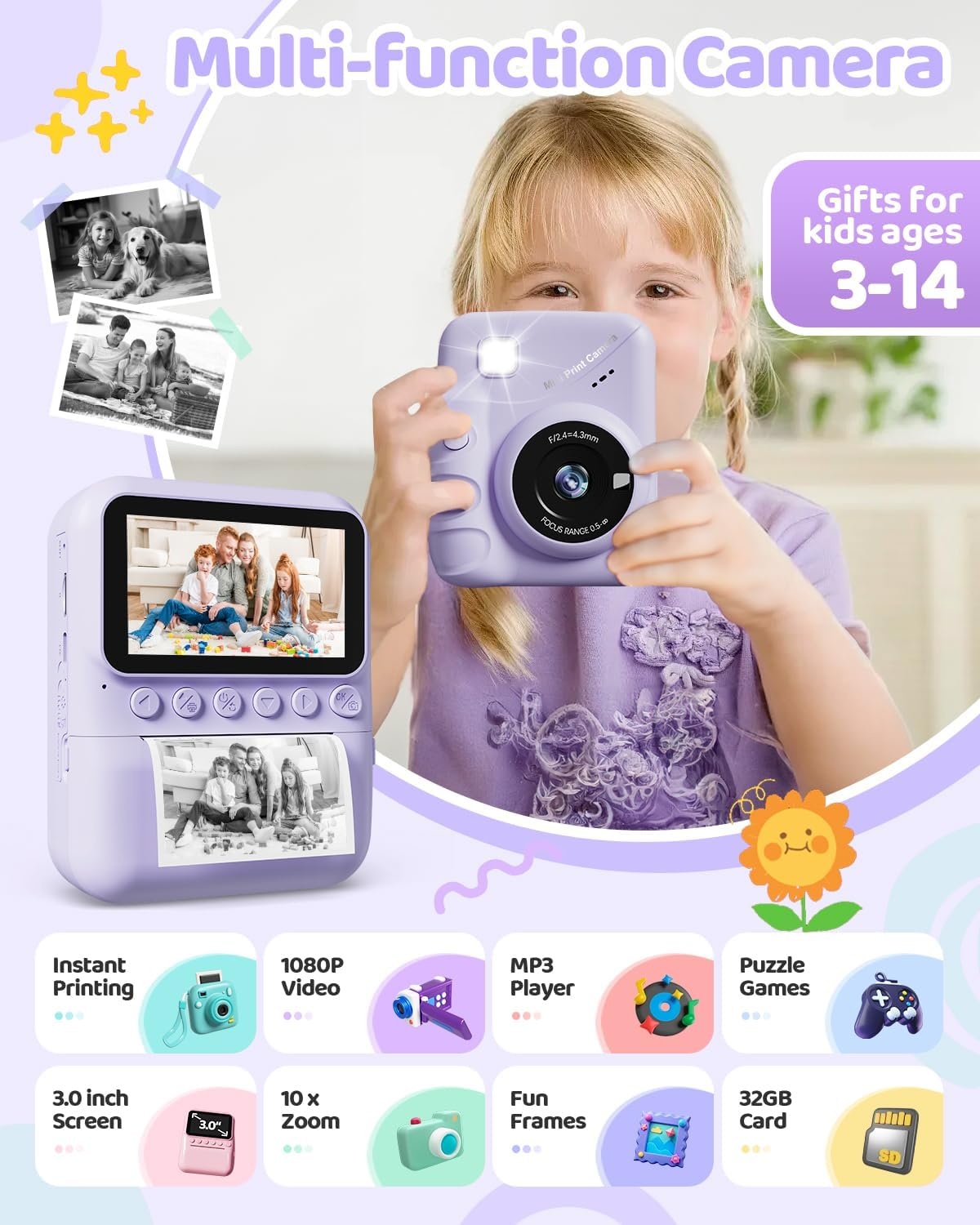 Appareil photo instantané enfant 48MP - Violet - Jusqu'à -28% de remise
