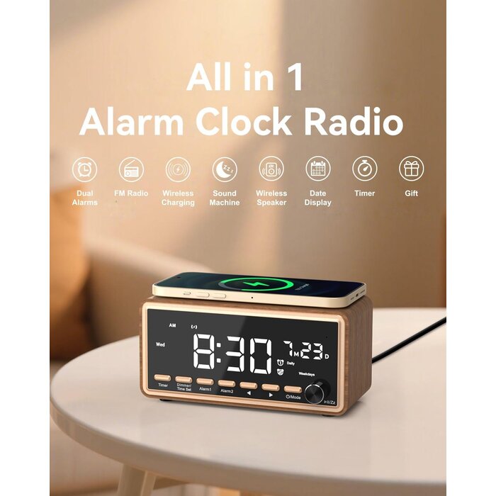 Radio-réveil multifonction en bois - Jusqu'à 34 % de réduction