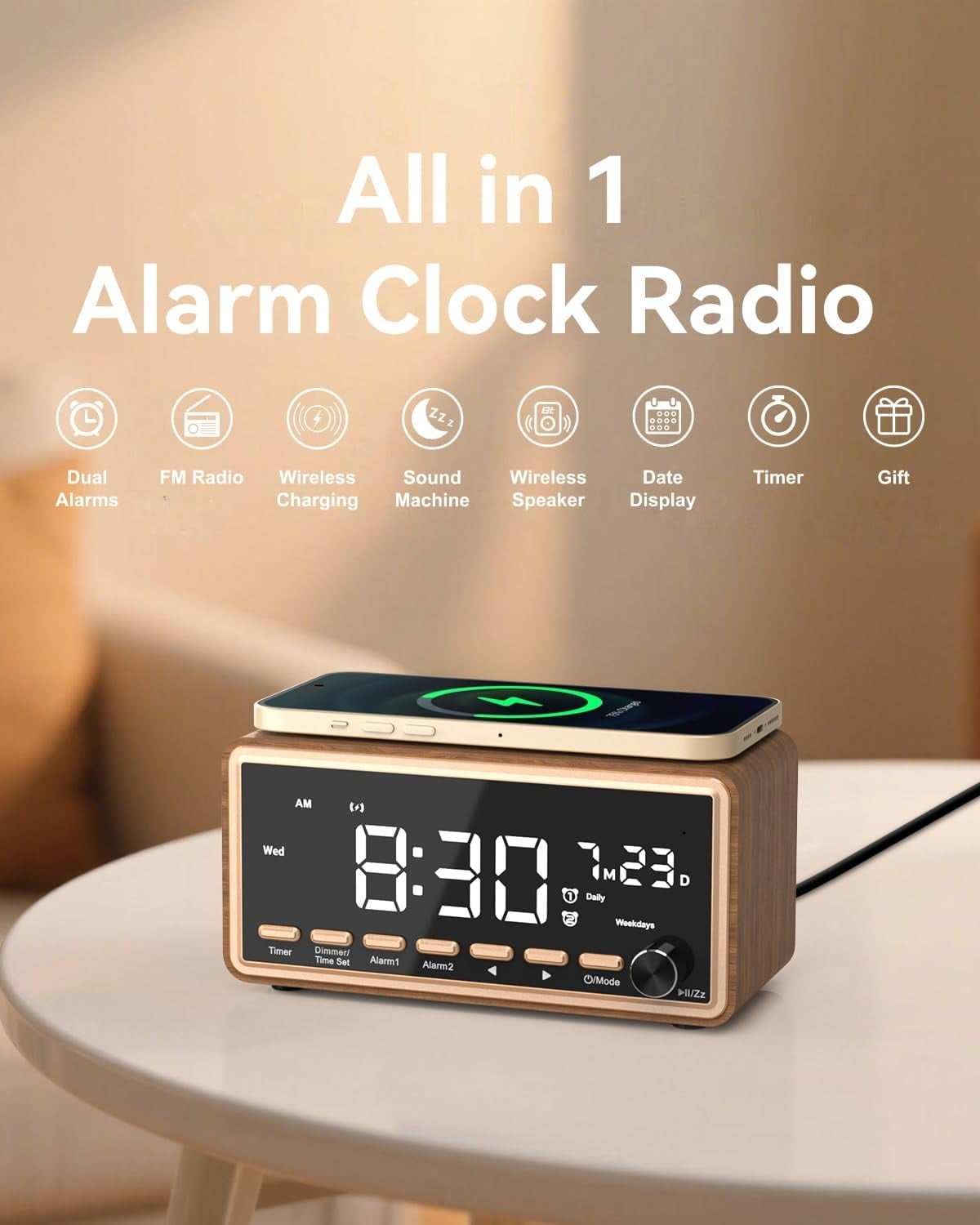 Radio-réveil multifonction en bois - Jusqu'à 34 % de réduction