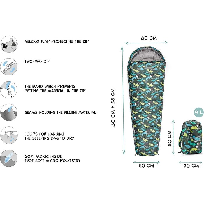 Sac de couchage enfant Dino jusqu'à 155 cm - Jusqu'à 32 % de réduction